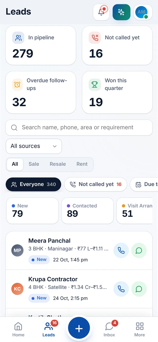 Serra phone app showing the list of leads